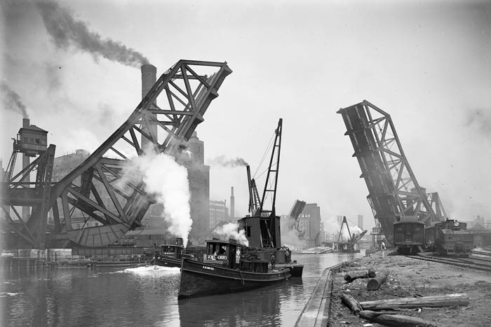 Thumbnail image of an historic archival image of a steamship on the Chicago River
